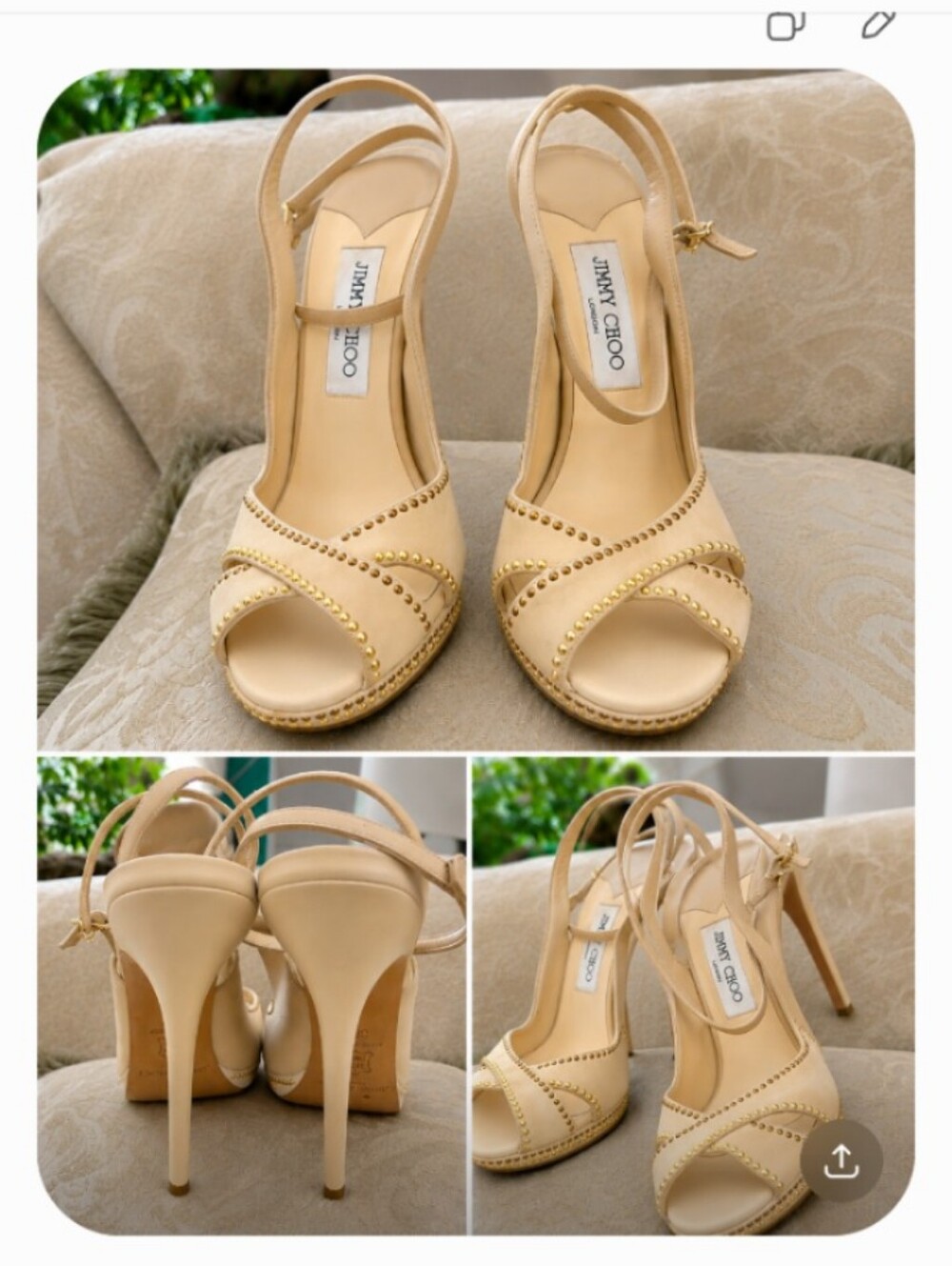 JIMMY CHOO 9 SUEDE CREAM GOLD CRYSTALS STRAPPY PLATFORM SANDALS STILETTO HEELS